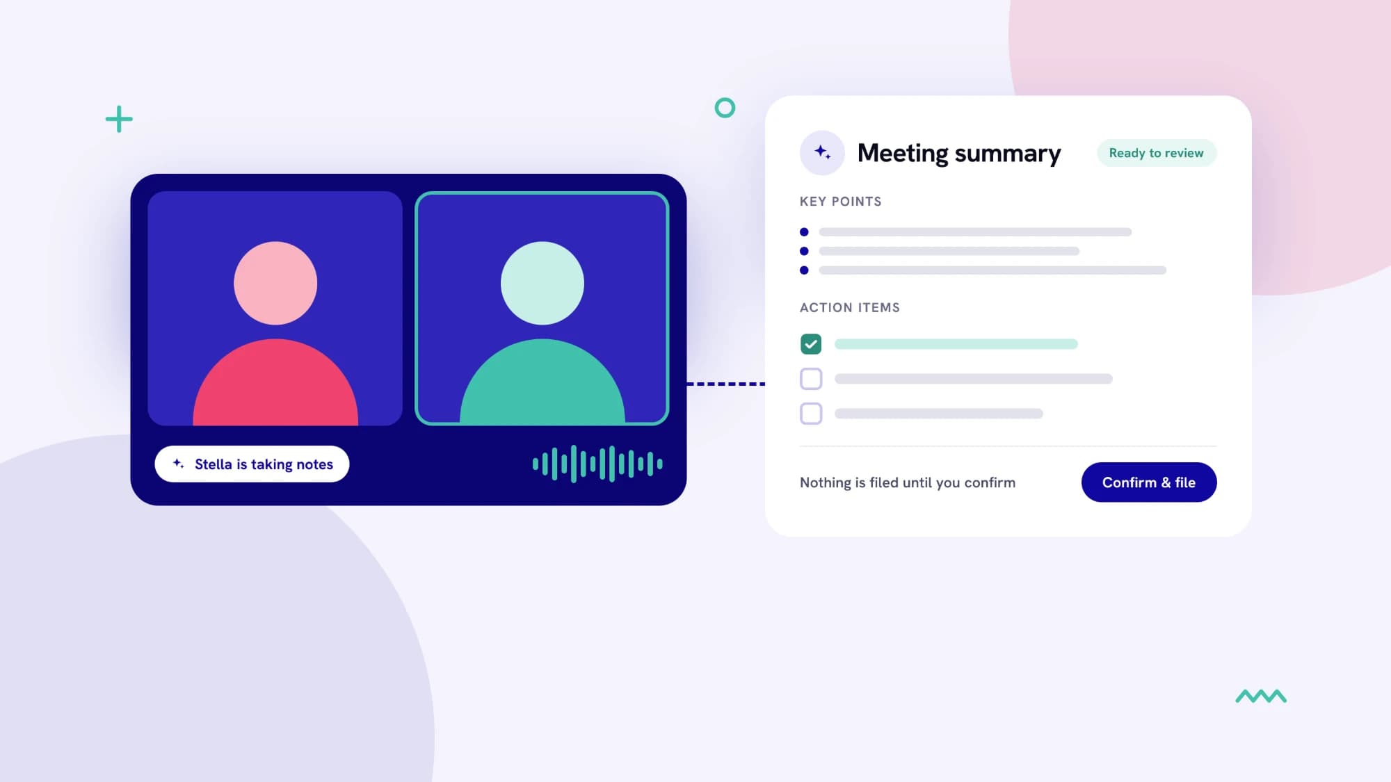 Stella lines up your client meetings and posts the summary when they finish.
